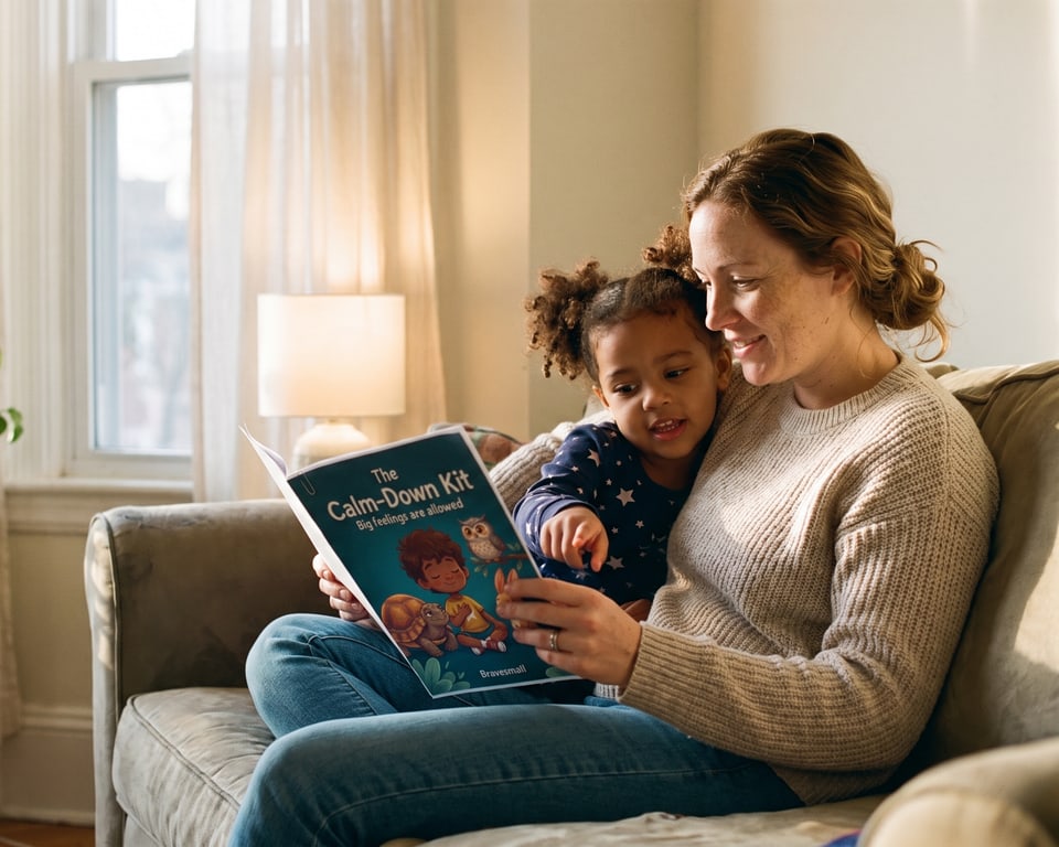 A mother on the sofa reading a printed copy of the Calm-Down Kit with her young daughter