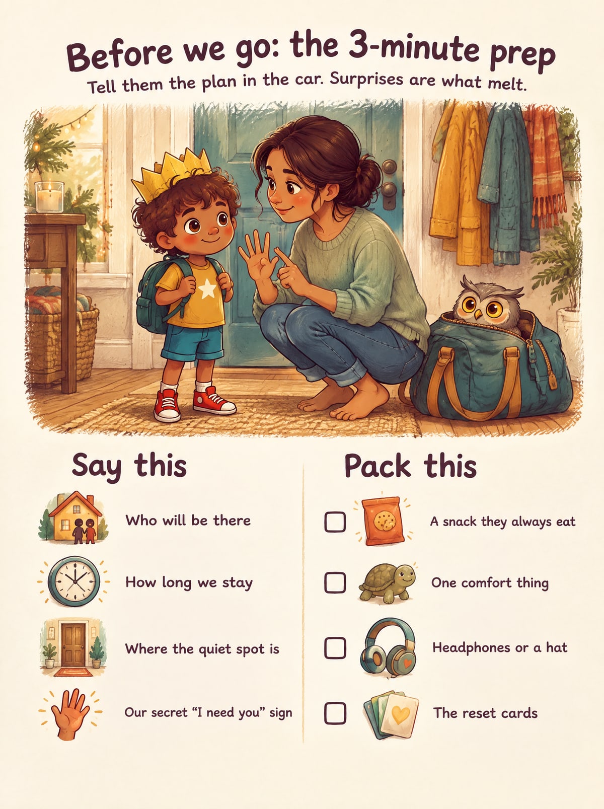 Before we go: the 3-minute prep to do in the car, and what to pack