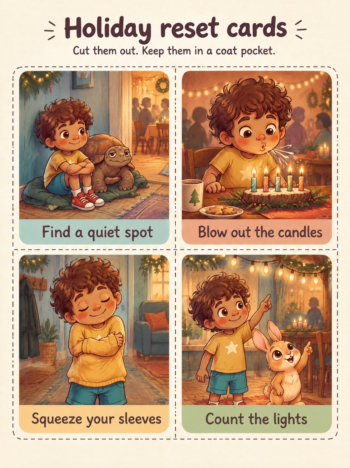 Four holiday reset cards to cut out for a coat pocket