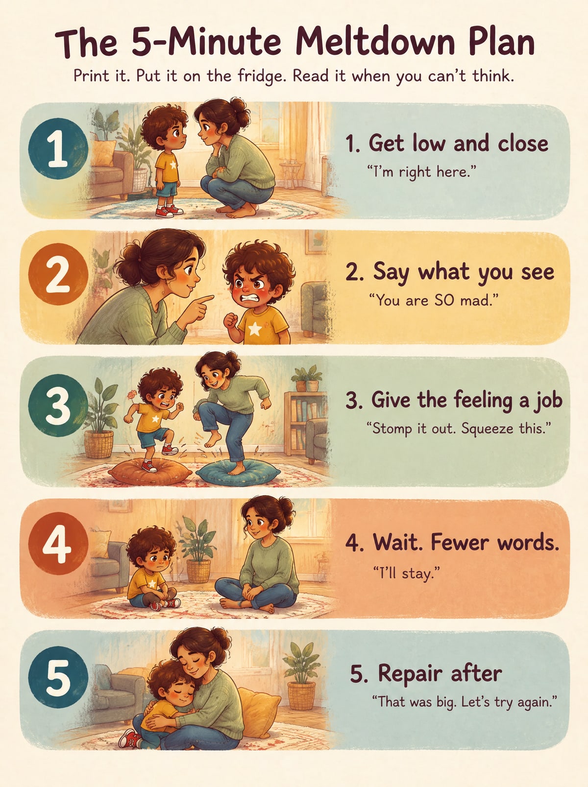 The 5-Minute Meltdown Plan: five illustrated steps for a parent to follow when a child melts down