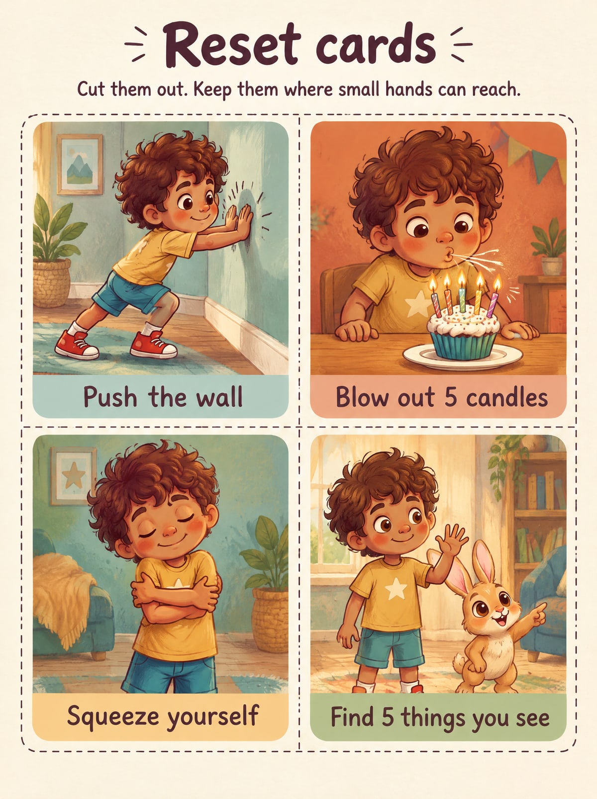 Four reset cards to cut out: push the wall, blow out five candles, squeeze yourself, find five things