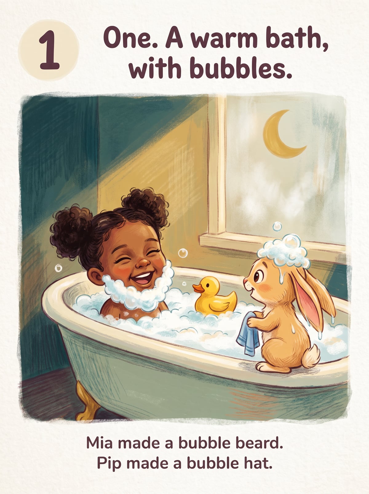 The child in a bubble bath, Pip the rabbit on the edge of the tub