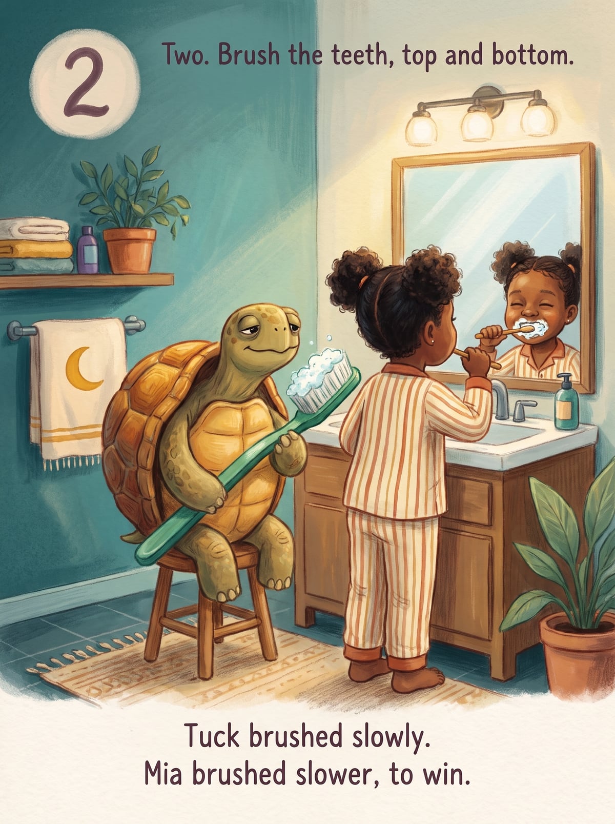 The child brushing teeth beside Tuck the tortoise