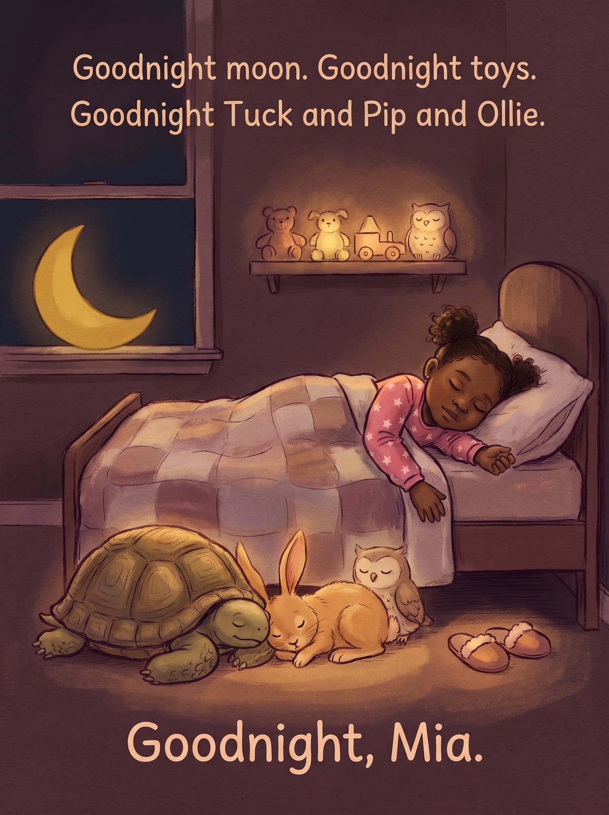 Lights out: the child asleep, Ollie the owl keeping watch