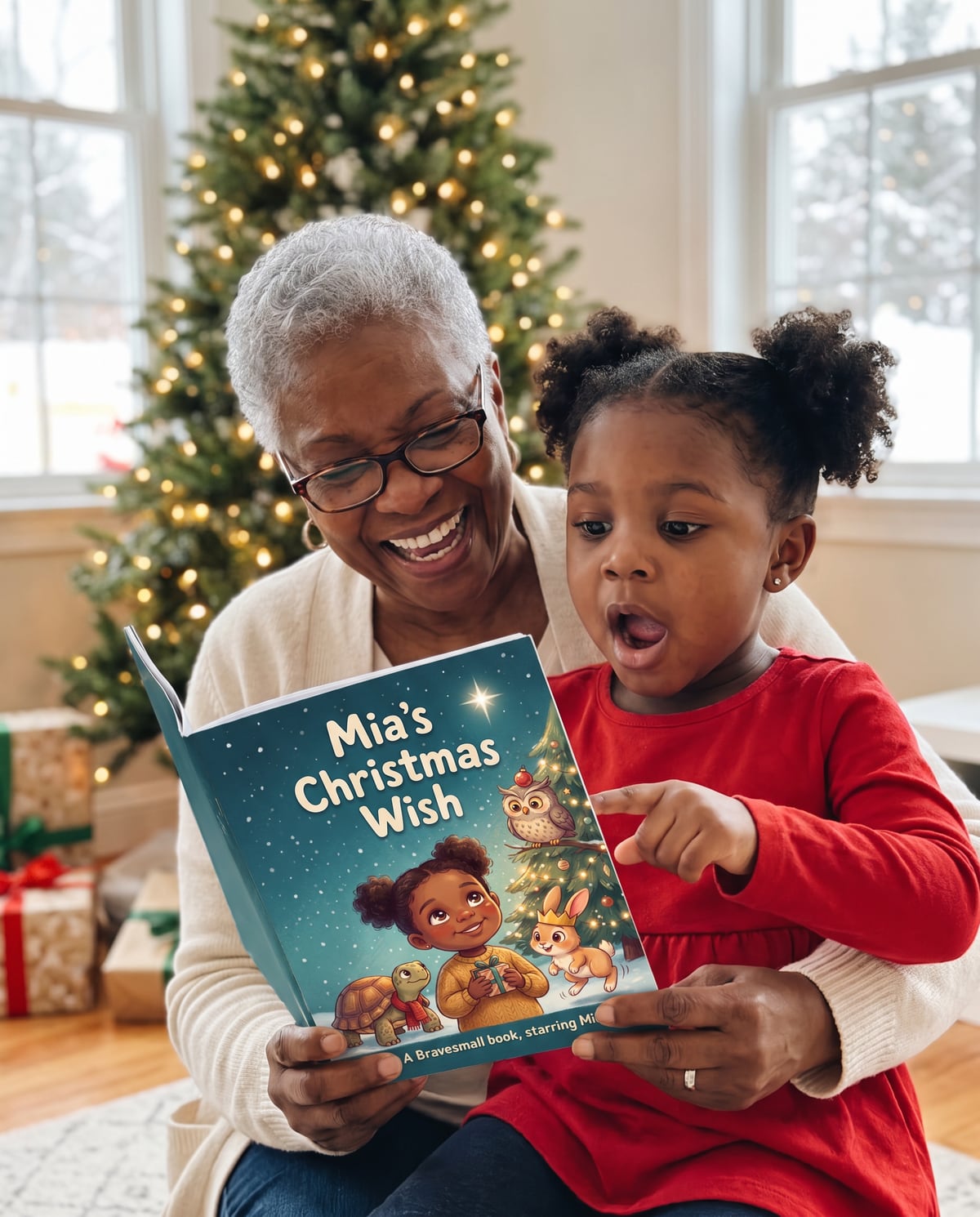 A grandmother and granddaughter by a Christmas tree reading Mia's Christmas Wish