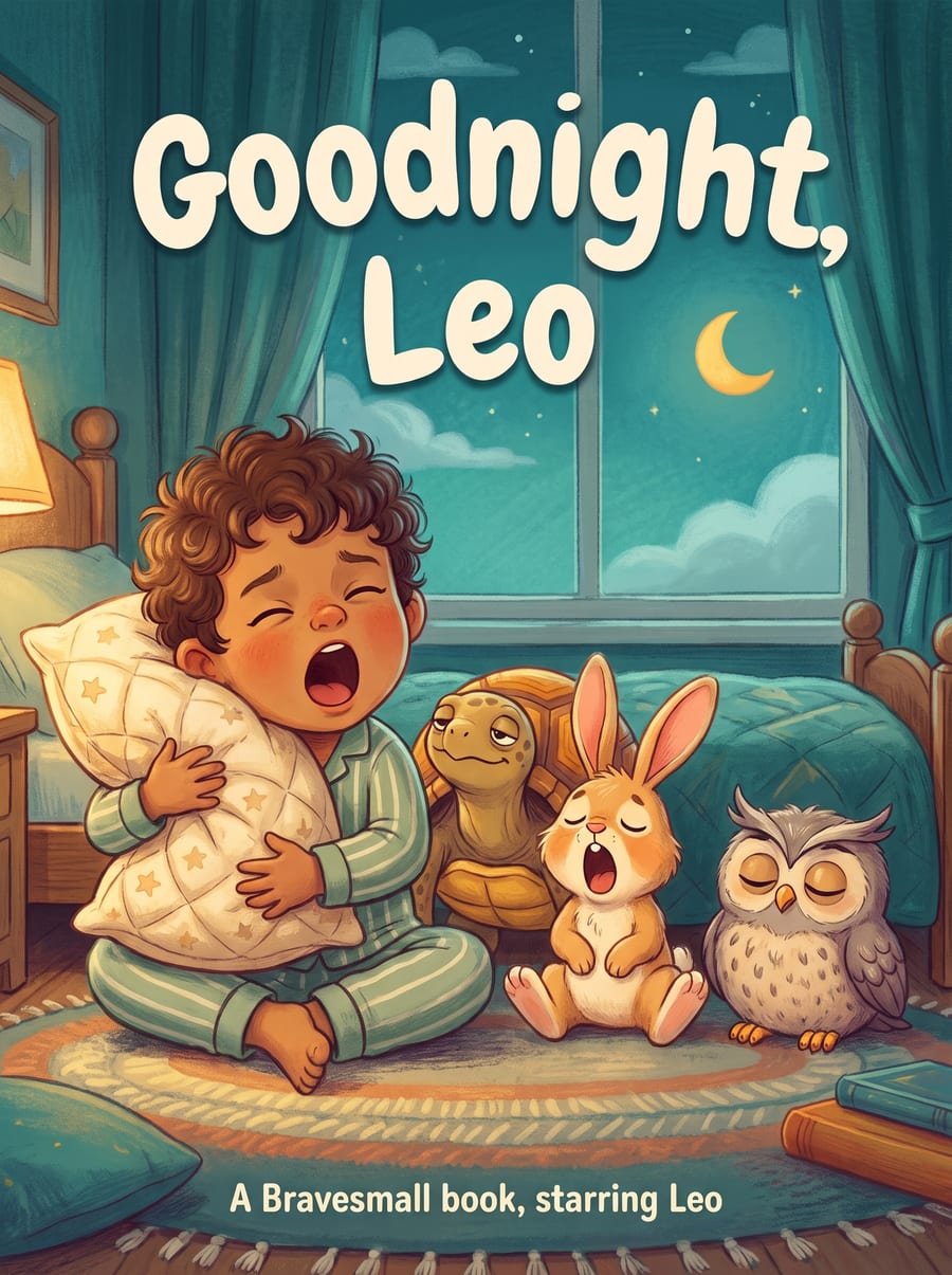 Cover: Leo in green pyjamas yawning and hugging a pillow, with Tuck, Pip and Ollie in a sleepy row beside him under the title Goodnight, Leo