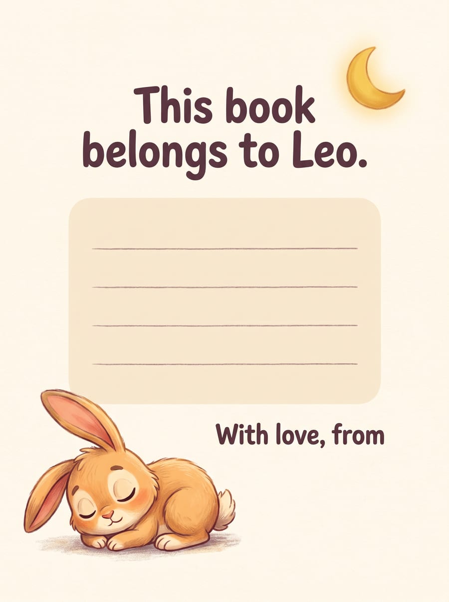 Dedication page: This book belongs to Leo, with ruled lines for a handwritten note and Pip asleep in the corner