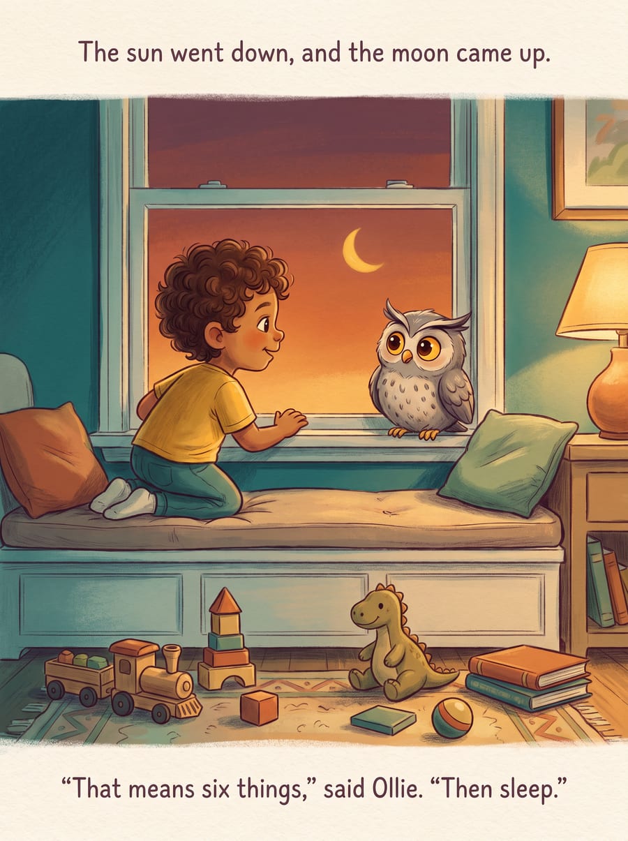 Leo kneels on a window seat at sunset talking to Ollie the owl while the moon comes up