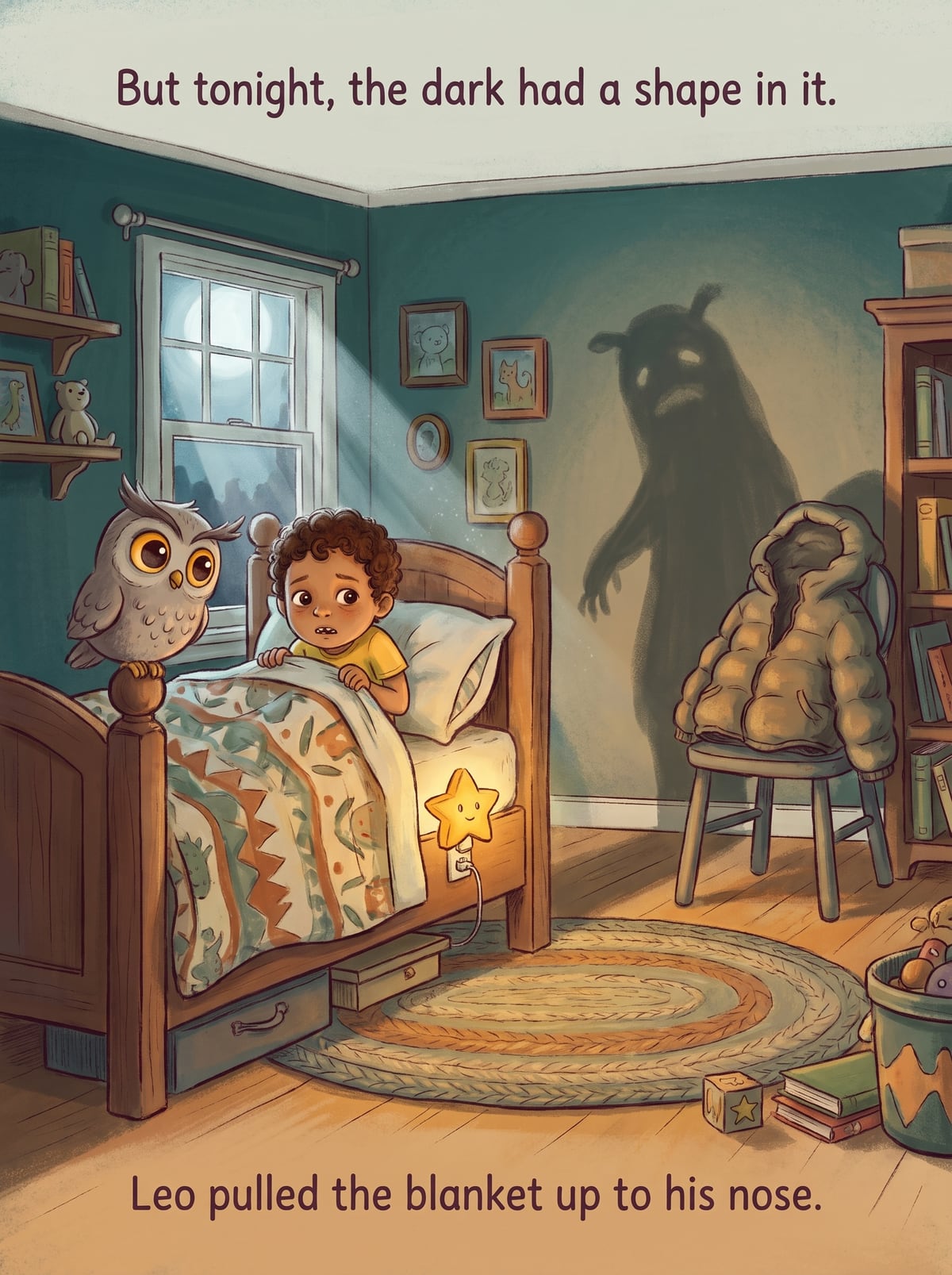 The child in bed as the room goes dark, with the owl Ollie on the bedpost