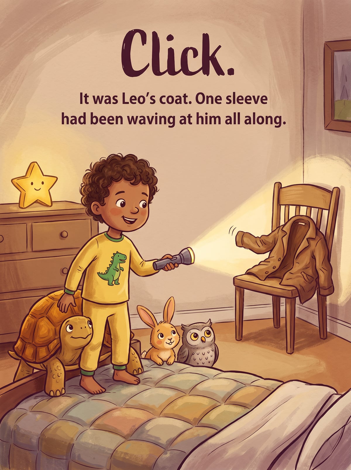 The child facing the shadow with a flashlight, Tuck the tortoise beside them