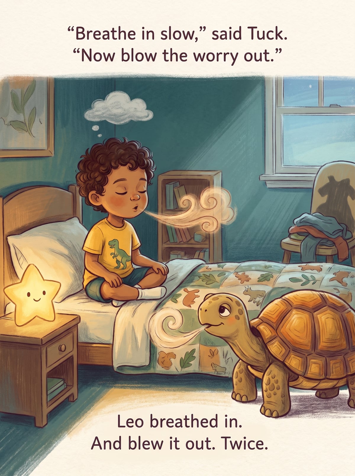 The brave breath: the child blowing out a slow breath with the animals