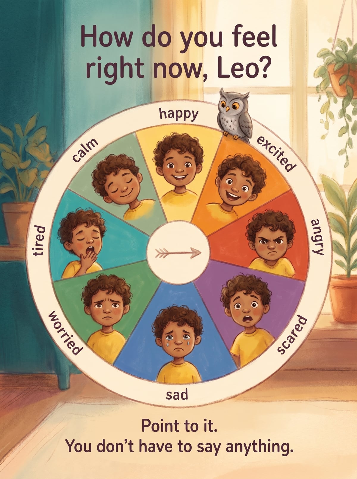 The feelings wheel with the child's face showing all eight feelings