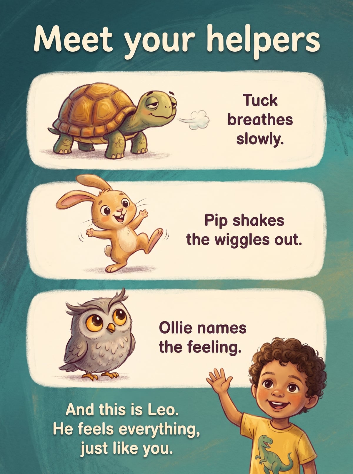 Meet your helpers: the child waving at Tuck, Pip and Ollie