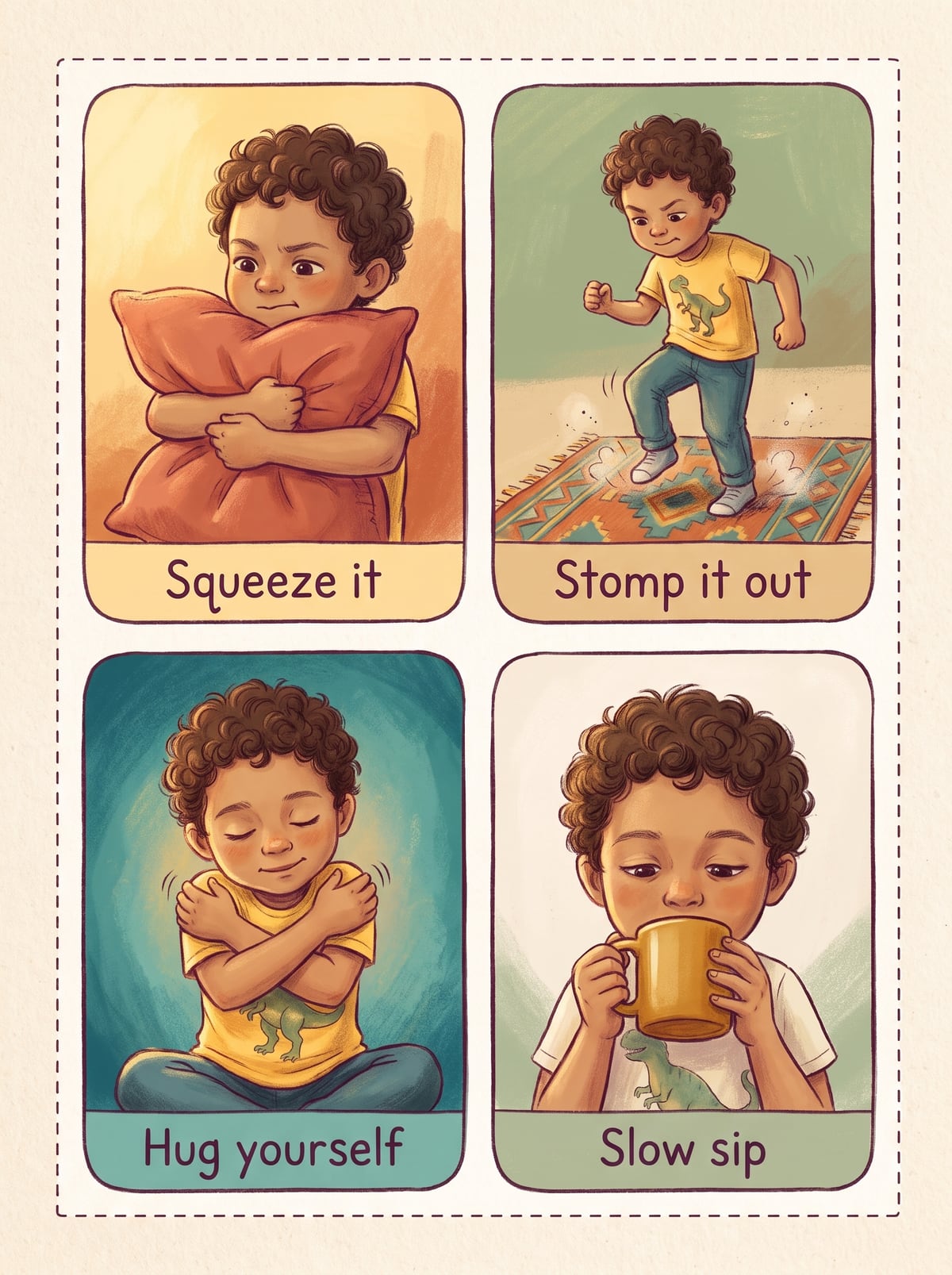 Four calm-down cards with the child doing each one