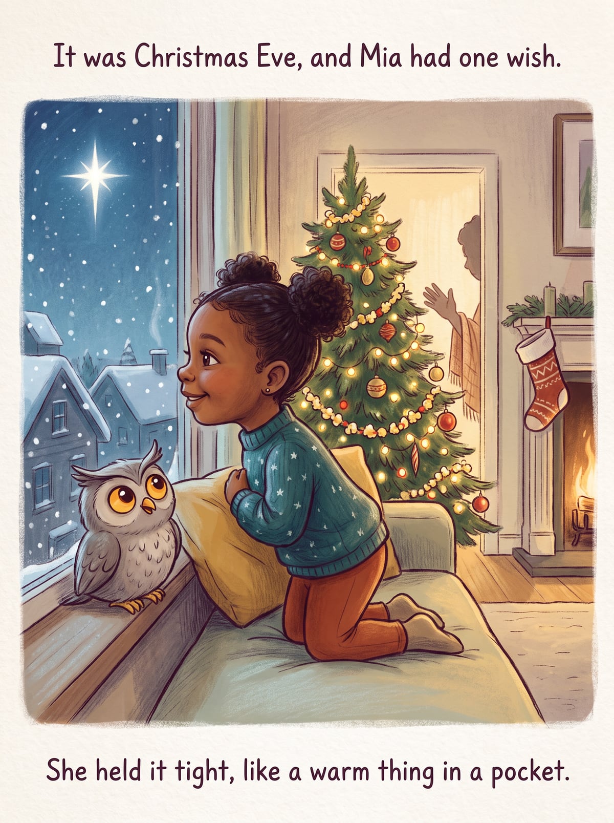 The child at the window on Christmas Eve, snow falling