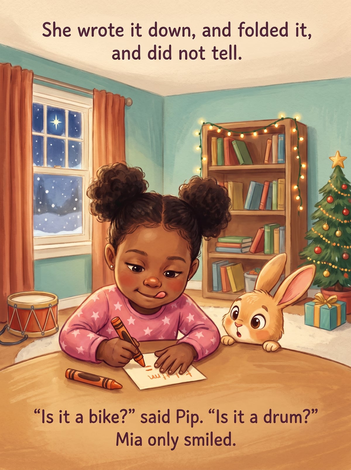 The child writing a wish, with Pip the rabbit peeking