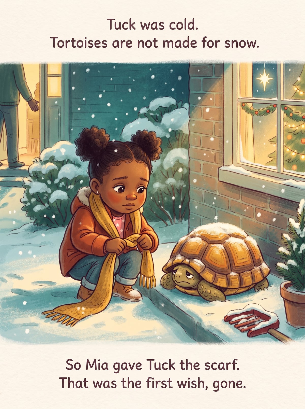 The child giving Tuck the tortoise their scarf in the snow