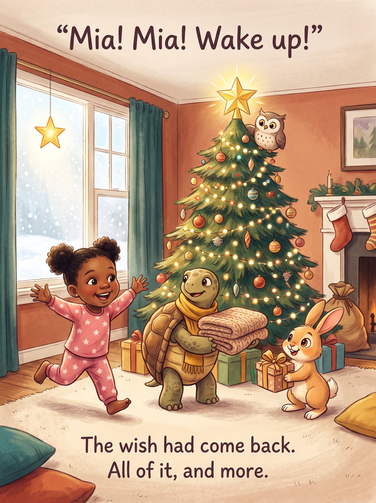 Christmas morning: the child by the tree with all three animals